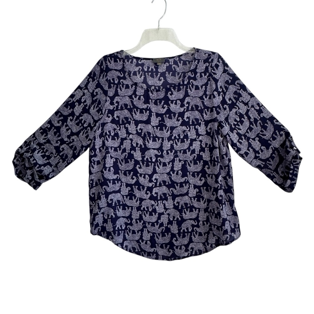 MIX By 41 HAWTHORN Ellie Elephant Print Navy Shirt Blouse Top Size Medium